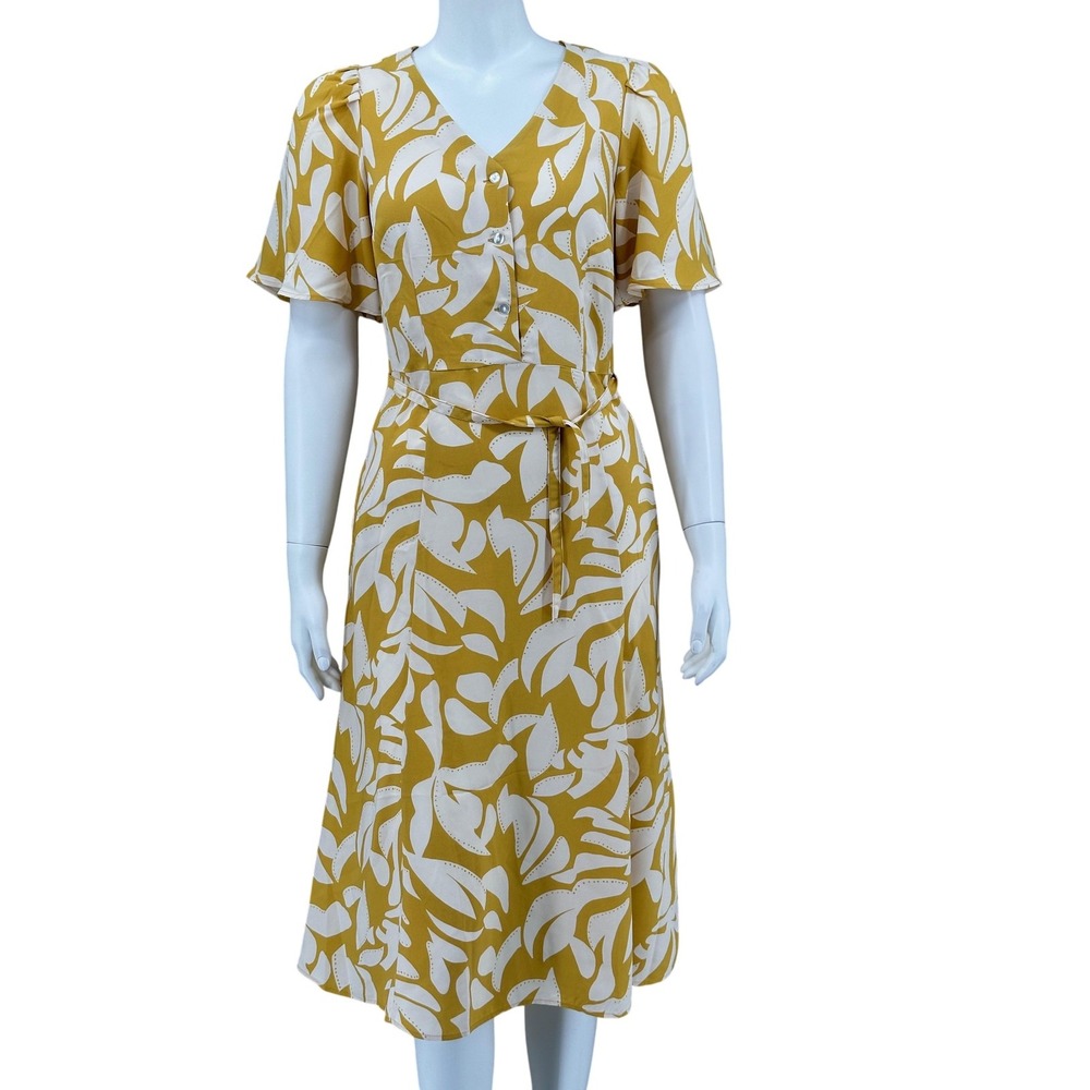 Ann Taylor Dress Womens XS Yellow Abstract Leaf Midi Pullover Belted Pockets NWT